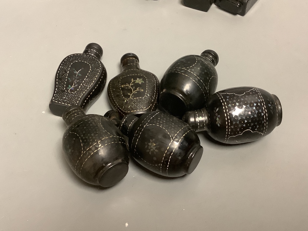 Nineteen various inlaid black lacquer snuff bottles